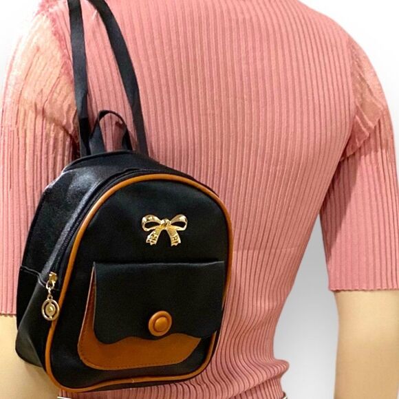 Black Mini Crossbody Backpack Multi Compartments Brown Accent Mini Bag - Picture 2 of 4